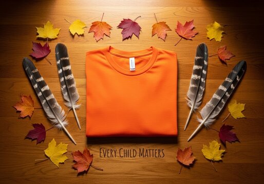 Orange shirt day concept with folded plain t shirt, autumn maple leaves, and feathers on wooden table. National day for truth and reconciliation.