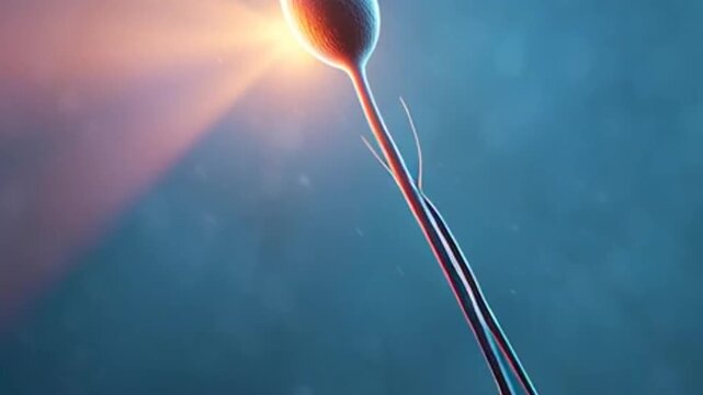 Microscopic view of a single sperm cell illuminated by bright light.