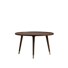 Fototapeta premium modern dark walnut round coffee table with three angled tapered legs and polished brass feet, isolated in a high-key studio environment, professional furniture presentation