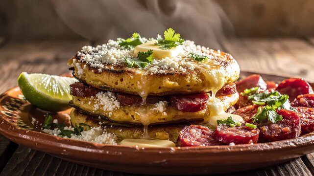Delicious layered pancake breakfast with berries and lime on rustic plate