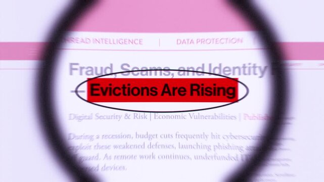Evictions Are Rising fast sequence news articles headline title animation with magnifying glass documentary style
