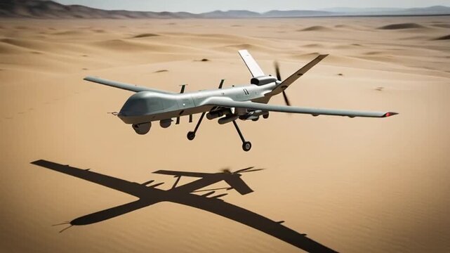 Military drone flying over desert landscape with shadow on ground.