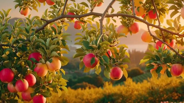 Apple orchard at sunset.