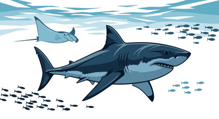 Obraz premium Illustration of a shark swimming near the ocean surface with smaller fish nearby