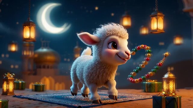 Cartoon lamb with Islamic Eid Mubarak decorations and moonlit night backdrop