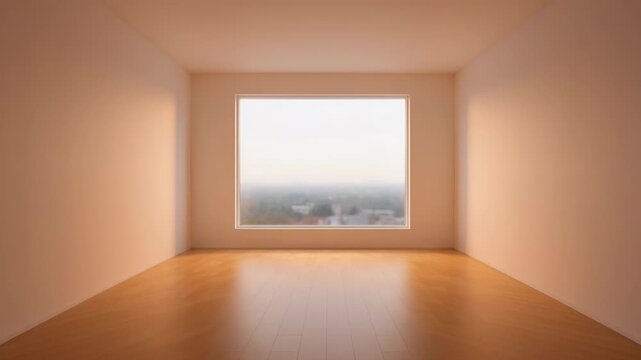 a serene and empty room with a large window overlooking a cityscape