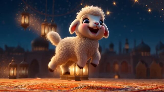 Eid al Adha cute cartoon lamb cheerfully leaping over a patterned carpet