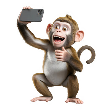 Funny monkey taking selfie with smartphone high quality image stock isolated on transparent background