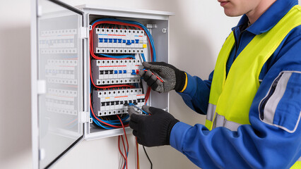 electrician at work, Safety gloves, Electrician working, Professional installation, System inspection, Hand tools, Safe procedure, Connecting power, Professional service, Repairing system, Gloves worn © Creative 