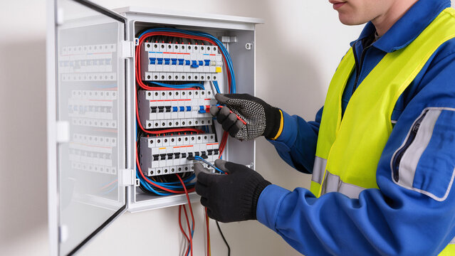 electrician at work, Safety gloves, Electrician working, Professional installation, System inspection, Hand tools, Safe procedure, Connecting power, Professional service, Repairing system, Gloves worn