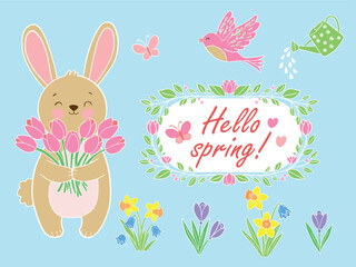 Fototapeta premium Spring clipart set with cute bunny bird flowers and hello spring greeting