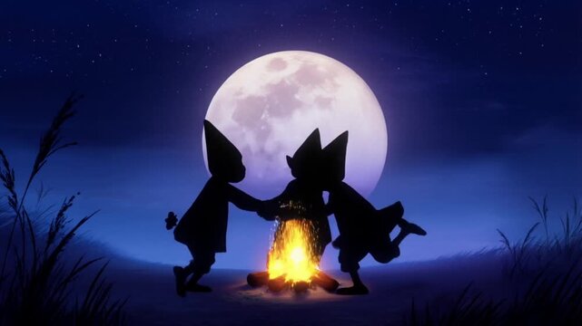 Silhouettes of three leprechauns dancing a jig around a campfire with clover-shaped sparks under a large full moon and starry night sky a mystical and atmospheric concept for animated backgrounds and 