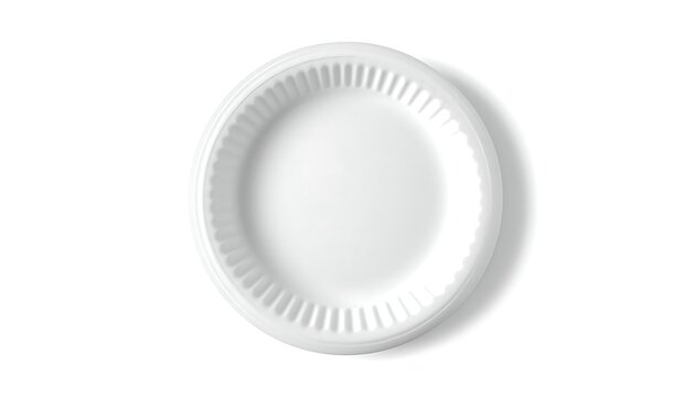 A single white disposable foam plate is presented empty and clean on a plain white background from a top-down view.