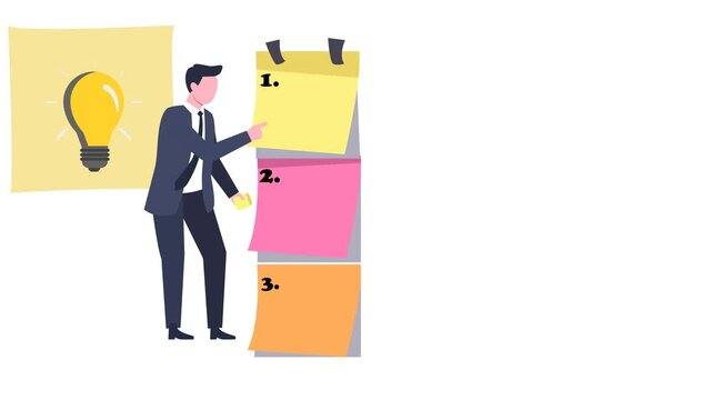 Animation 2D Set work priority, arrange to do list which job to do before and after, task management concept, young entrepreneur businessman manage to prioritize sticky note
