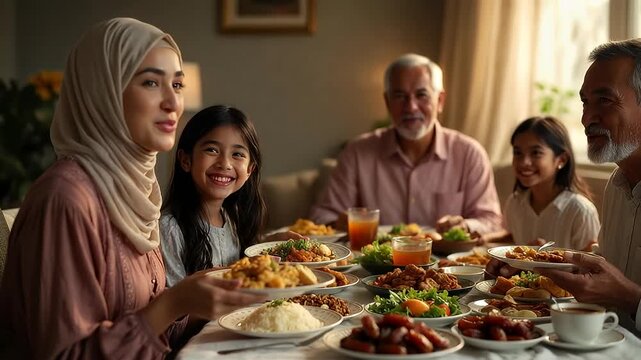 Multi generational Muslim family gathered around a table for Iftar meal