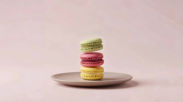 Surreal floating colorful macarons stacked above a minimalistic plate on soft pink background