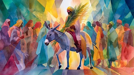 Fototapeta premium A vibrant illustration of Jesus Christ riding a donkey into Jerusalem on Palm Sunday surrounded by a crowd