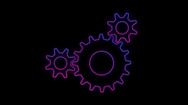Glowing animation of Three pinion gears mechanism on black background. Gear rotation, mechanism with neon glow, clutch mechanics,  4k video animation