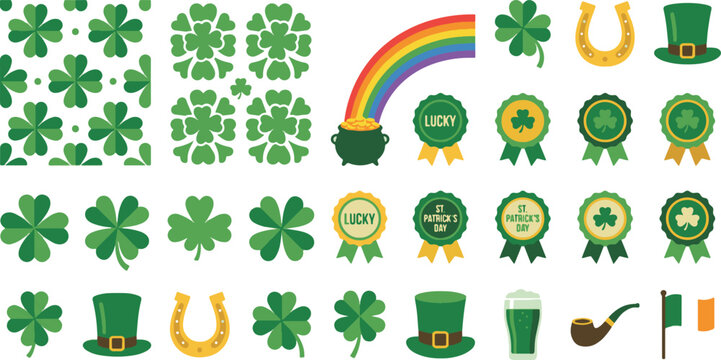 Comprehensive St. Patrick's Day vector icon set featuring shamrocks, leprechaun hats, and lucky symbols on a clean white background