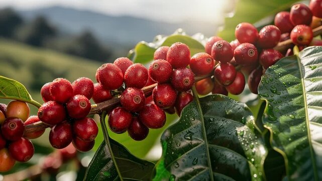 Close up of ripe red coffee cherries on branch with green wet leaves in natural sunlight