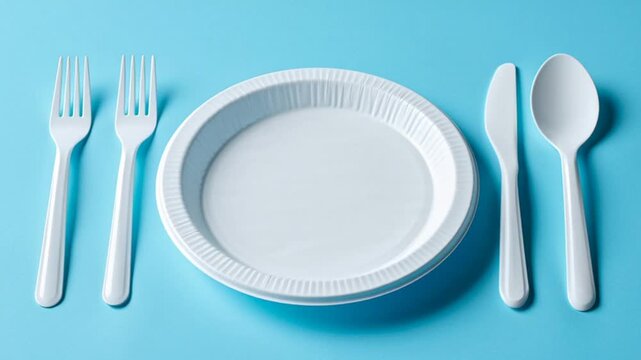 Disposable table setting with white plastic utensils and plate