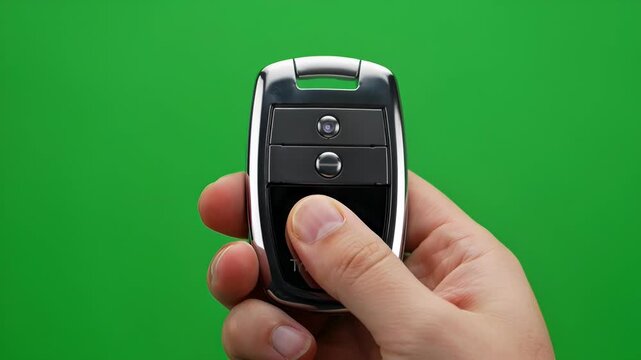 hand holding a black car key fob with silver trim and buttons