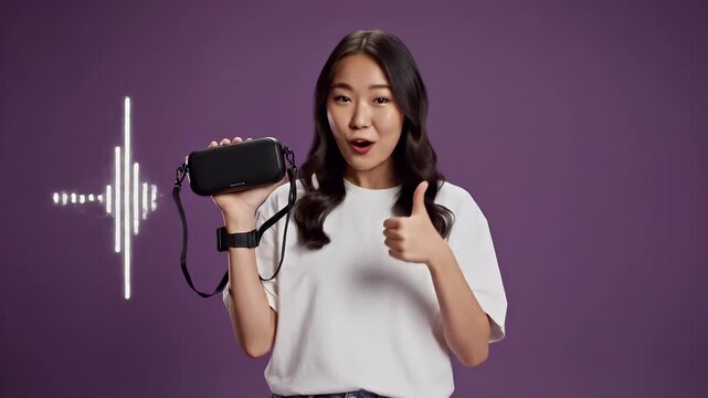 Young Asian woman smiling and giving a thumbs up while holding a portable Bluetooth speaker against a vibrant purple background with soundwave graphics