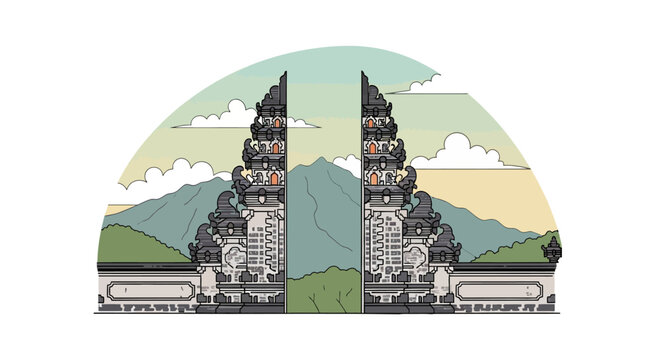 Hand Drawn Balinese Split Gateway Candi Bentar with Sacred Mountain Landscape and Sky Clouds