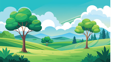 Tranquil meadow landscape with rolling hills and trees under clear sky