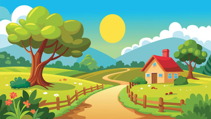 Obraz premium A cheerful countryside scene featuring a quaint house and a sunny day