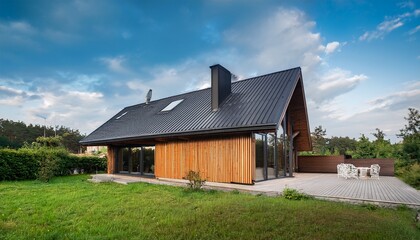 Obraz premium modern wooden house with dark metal roof surrounded by greenery