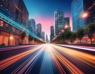 Fototapeta premium motion blur on a city street at dusk with buildings and lights