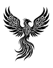 Obraz premium Phoenix tribal silhouette black line art with spread wings, mystical fire bird emblem symbolizing rebirth and power, isolated on dark background, bold vector design for tattoo, logo, branding