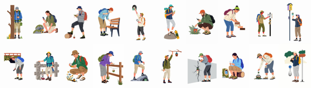 Diverse people engaged in outdoor geocaching adventures, using GPS and maps to discover hidden caches and explore nature and urban environments.