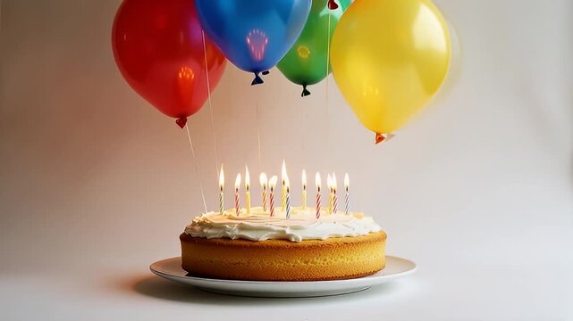 Celebratory birthday cake with lit candles and vibrant balloons floating above