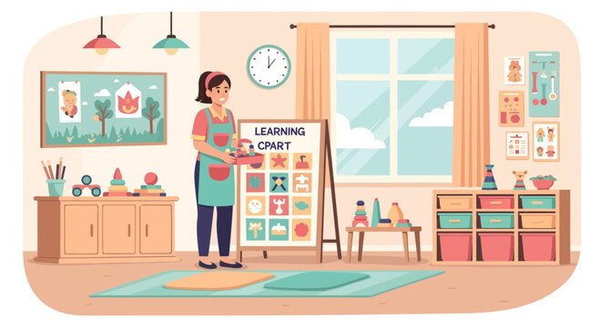 Female teacher presenting learning chart to students in classroom.