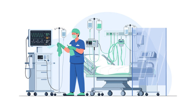 Medical professional attending to patient in intensive care unit.