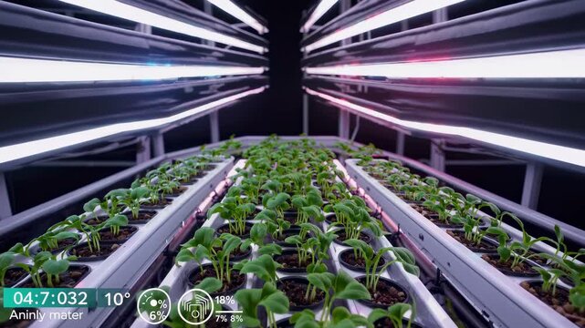 High-tech vertical farm with rows of green seedlings illuminated by LED lights, modern agricultural technology, urban hydroponics, sustainable farming innovation in city environment.