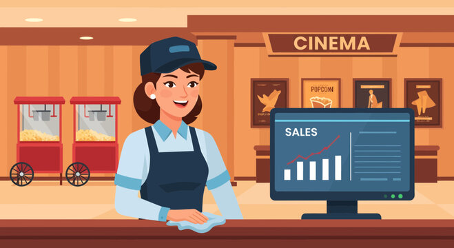 Smiling female cinema employee in uniform with sales monitor.
