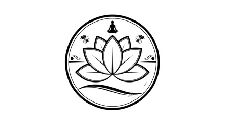 Fototapeta premium Lotus Flower with Meditating Figure Icon in Circle, isolated white background.