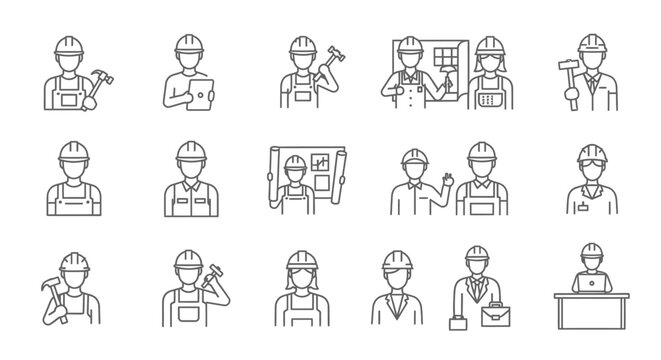 Comprehensive Set of Line Icons for Construction Professionals and Workplace Scenes, isolated white background.