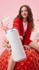 Young girl holding drink can while sitting on giant strawberry  