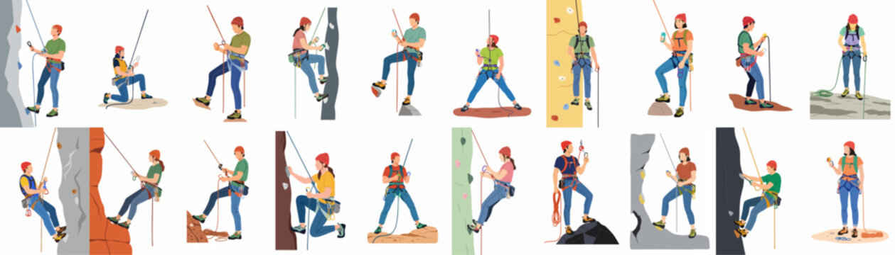 Dynamic collection of diverse illustrations featuring men and women rock climbing and rappelling, showcasing various poses, climbing walls, natural rocks, and essential safety equipment.