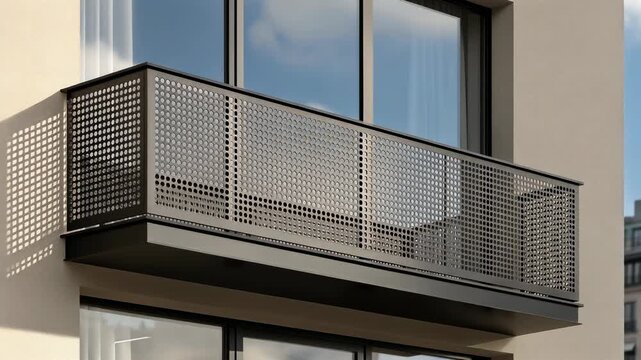 Modern apartment balcony with perforated metal railing and large glass windows reflecting blue sky