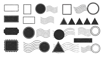 Collection of various textured postage stamp shapes and lines, arranged on white background