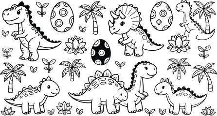 Cute cartoon dinosaur coloring page set with eggs and palm trees, black and white outline vector illustration collection © Nayan Stock