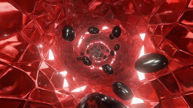 Cinematic visualization of blood flow through crystalline vessels in a futuristic 3D environment