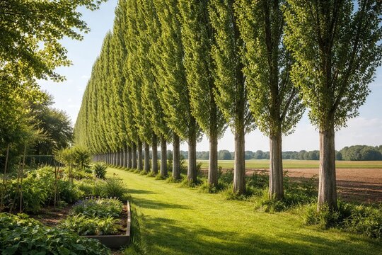 Scenic Poplar Tree Windbreak along Garden and Farmland in Realistic Rural Landscape