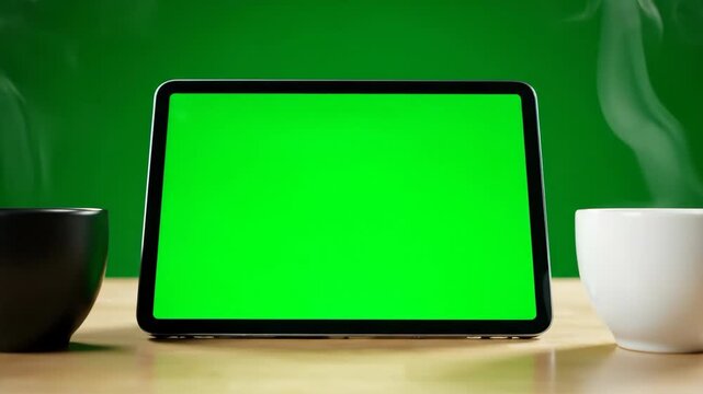 4k cinematic footage of blank green screen tablet with coffee cups on wooden table minimal setup motion clip