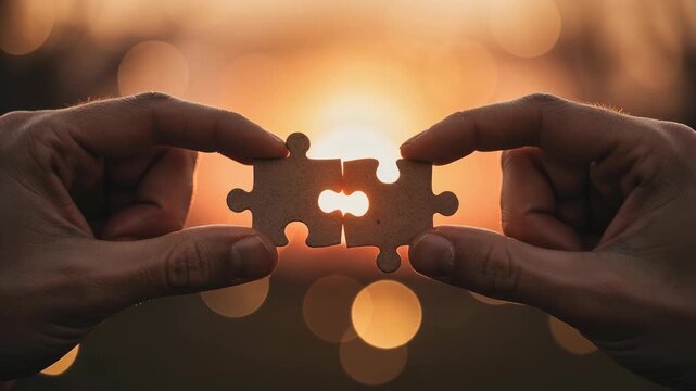 Hands connecting two puzzle pieces with warm sunset background representing teamwork and collaboration